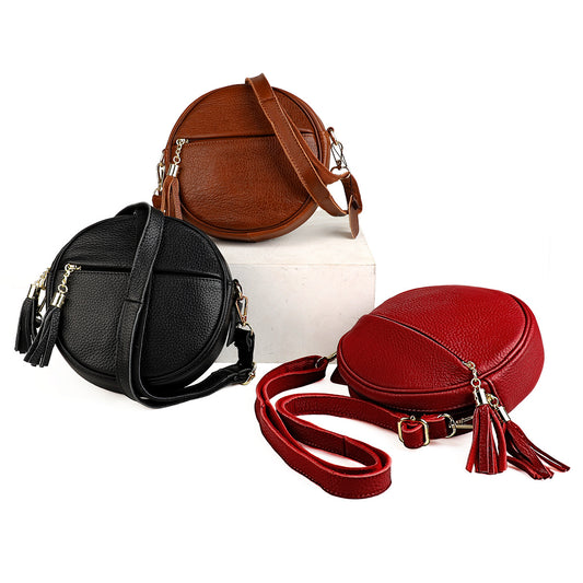 Round Leather Messenger Bag with Tassels