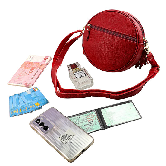 Round Leather Messenger Bag with Tassels