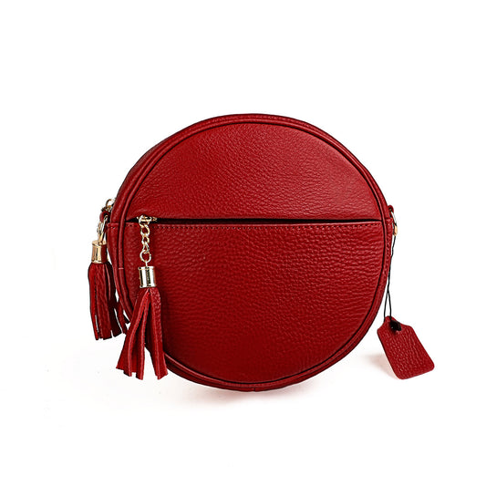Round Leather Messenger Bag with Tassels