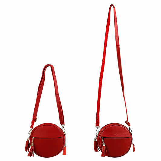 Round Leather Messenger Bag with Tassels
