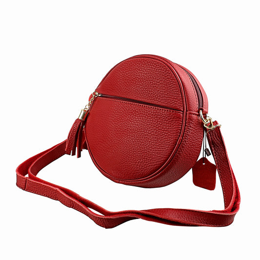 Round Leather Messenger Bag with Tassels