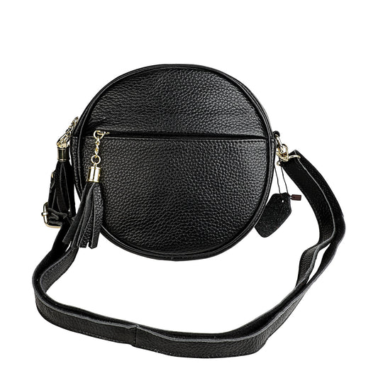 Round Leather Messenger Bag with Tassels