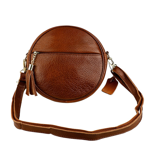Round Leather Messenger Bag with Tassels