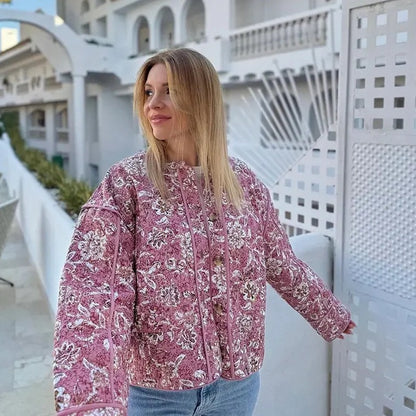 Round-neck cardigan cotton-padded jacket with flower patterns
