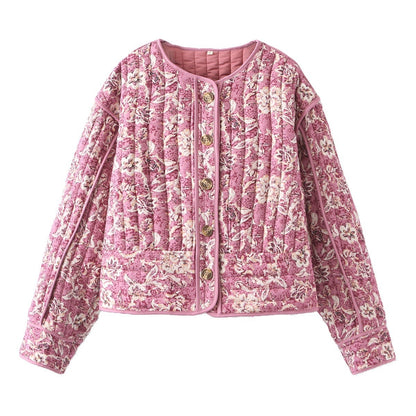 Round-neck cardigan cotton-padded jacket with flower patterns