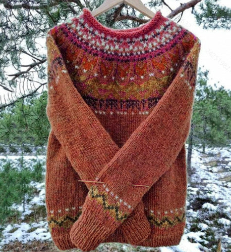 Round-neck color-blocked pullover knitted sweater