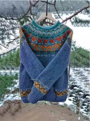Round-neck color-blocked pullover knitted sweater