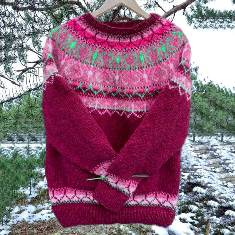 Round-neck color-blocked pullover knitted sweater
