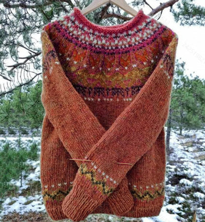 Round-neck color-blocked pullover knitted sweater