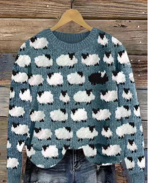 Round-neck color-blocked pullover knitted sweater