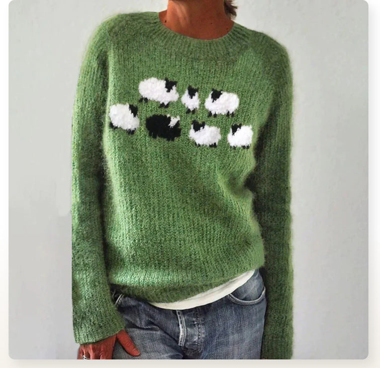 Round neck color matching loose pullover sweater