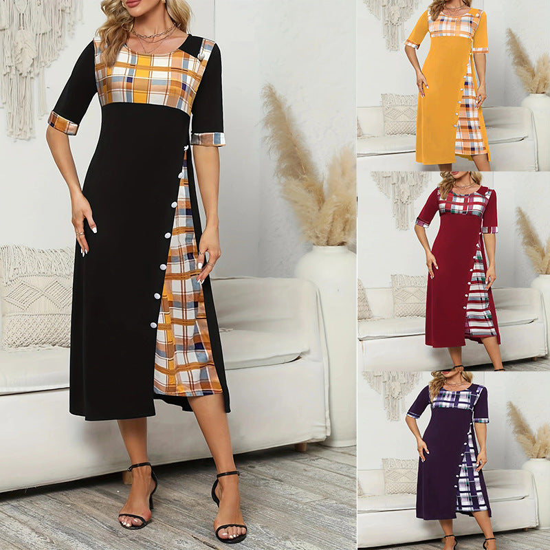 Round Neck Contrast Sleeve Irregular Hem Dress