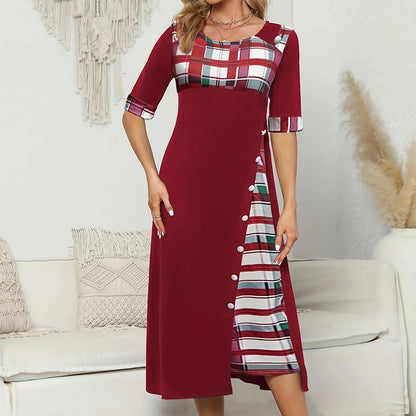 Round Neck Contrast Sleeve Irregular Hem Dress