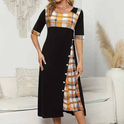 Round Neck Contrast Sleeve Irregular Hem Dress