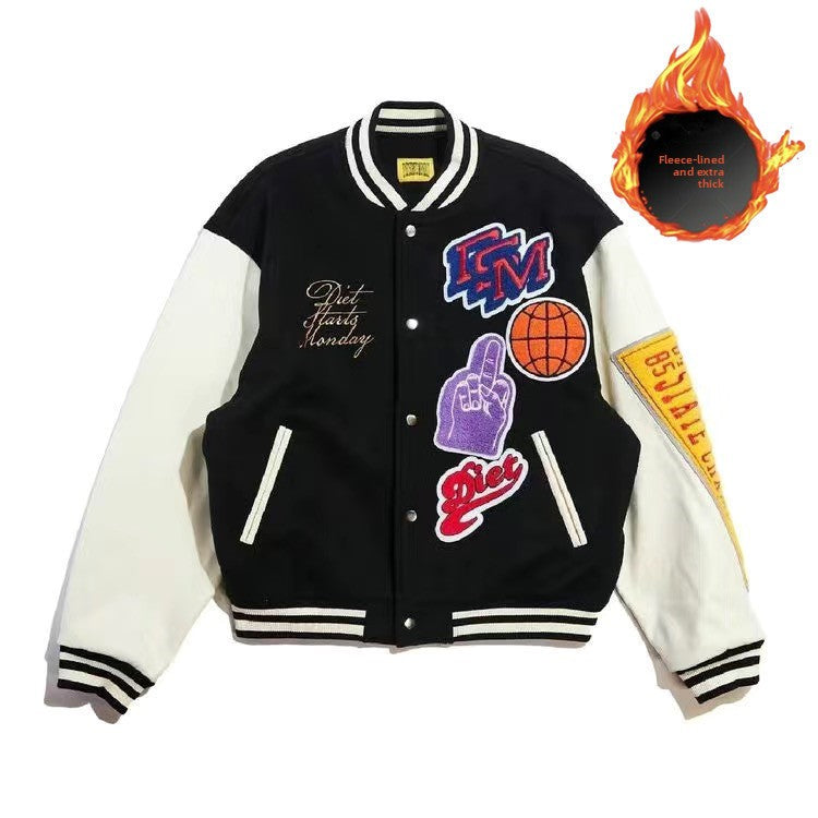 Round-neck embroidered loose baseball shirt