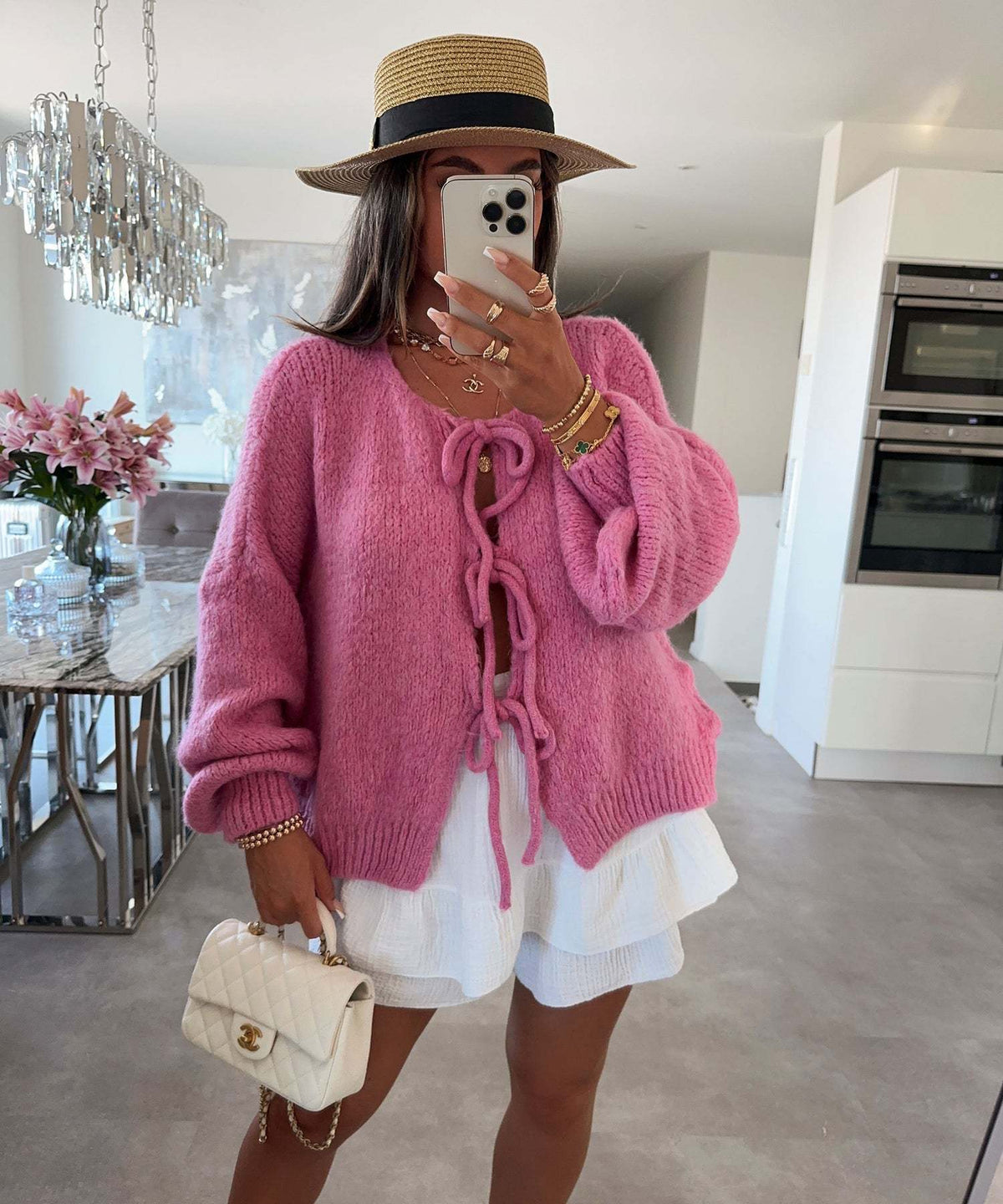 Round-neck lace-knitted cardigan jacket