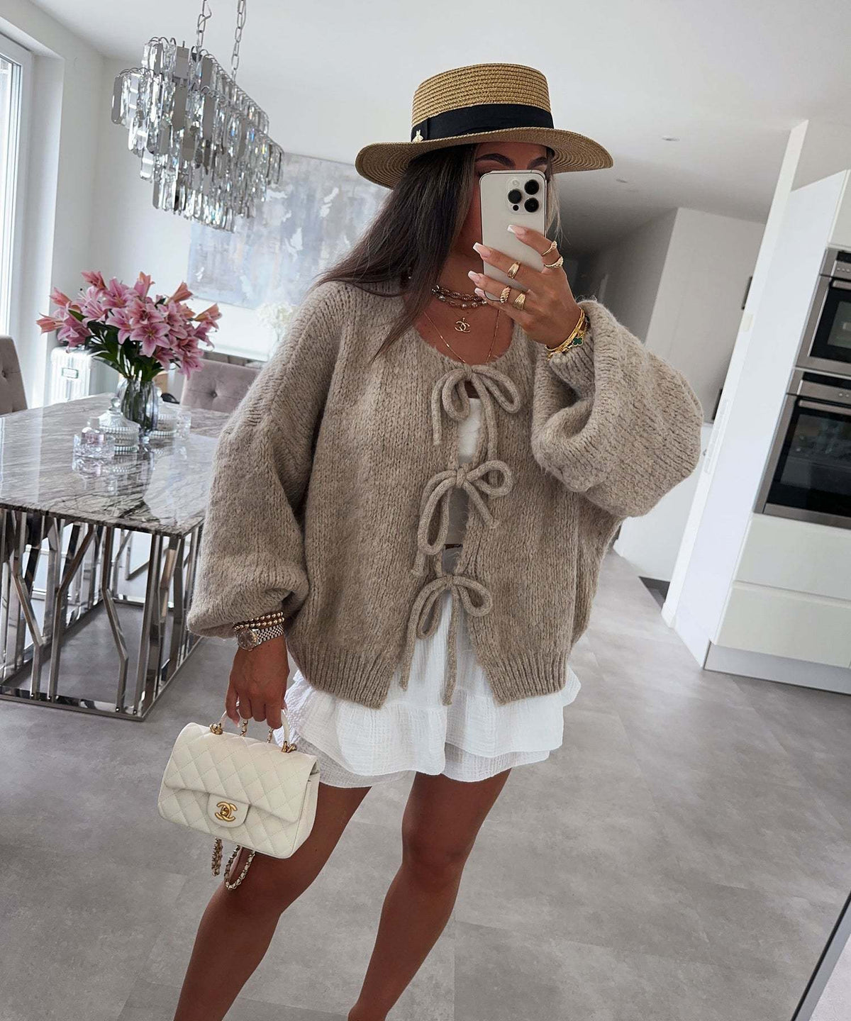Round-neck lace-knitted cardigan jacket