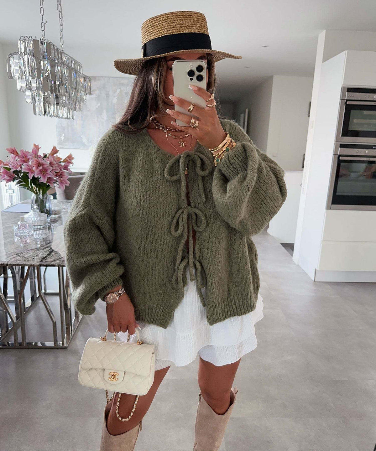 Round-neck lace-knitted cardigan jacket