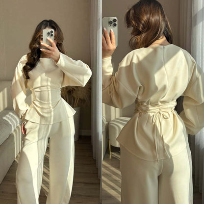Round Neck Long Sleeve Slim Fit Top with Wide Leg Pants Set