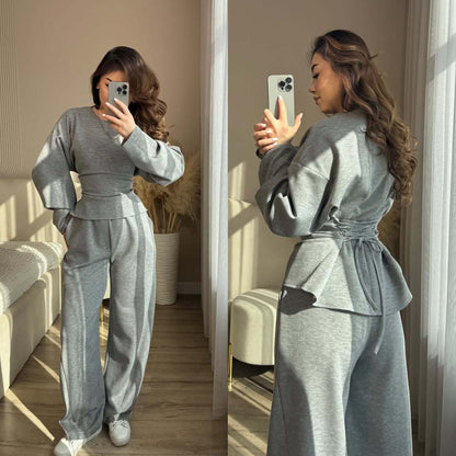 Round Neck Long Sleeve Slim Fit Top with Wide Leg Pants Set