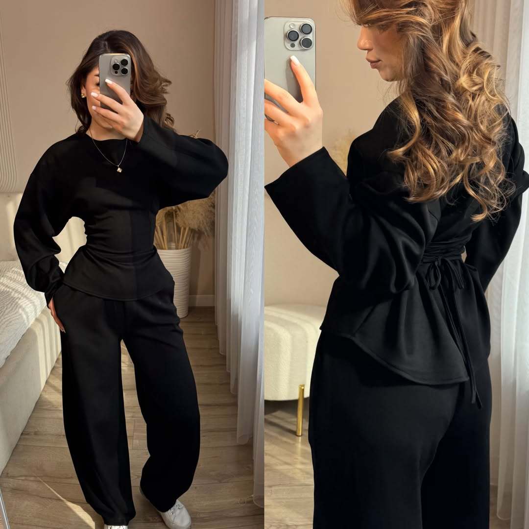 Round Neck Long Sleeve Slim Fit Top with Wide Leg Pants Set