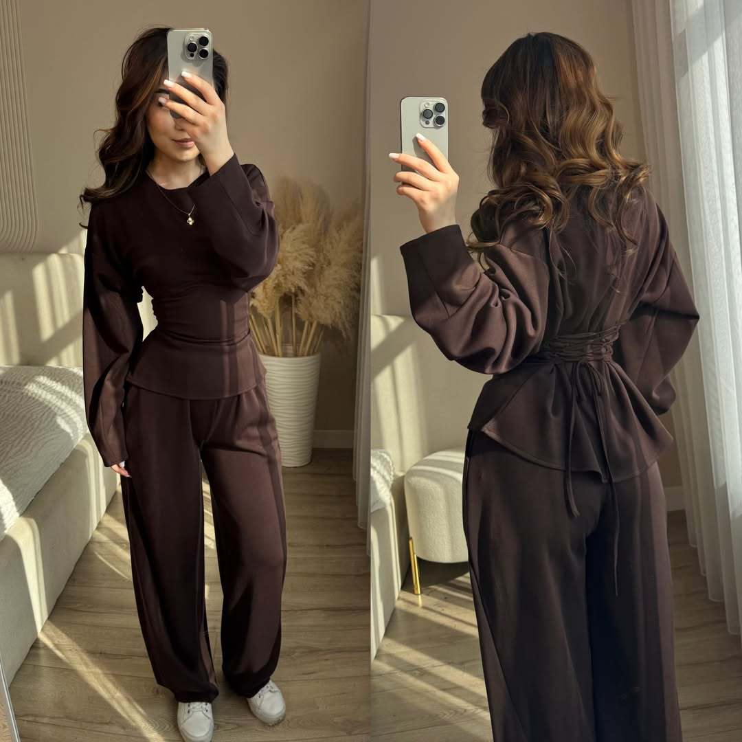 Round Neck Long Sleeve Slim Fit Top with Wide Leg Pants Set