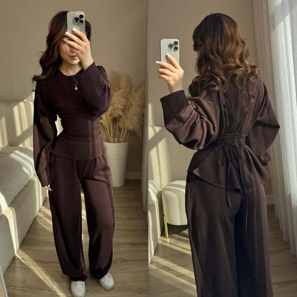 Round Neck Long Sleeve Slim Fit Top with Wide Leg Pants Set