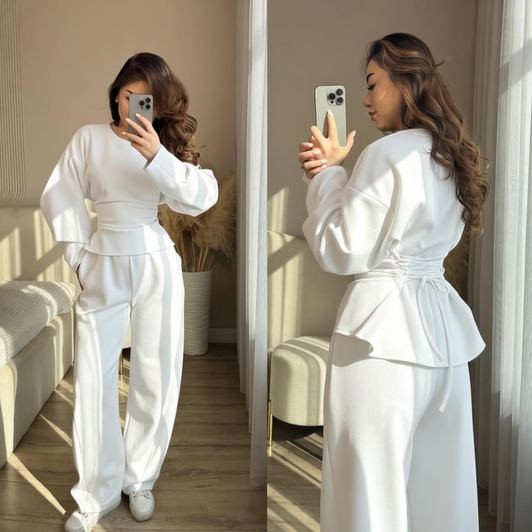 Round Neck Long Sleeve Slim Fit Top with Wide Leg Pants Set
