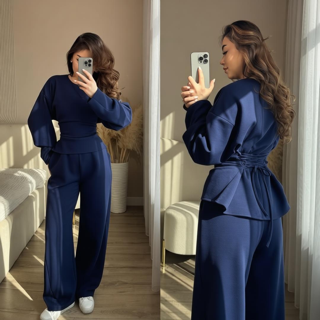 Round Neck Long Sleeve Slim Fit Top with Wide Leg Pants Set