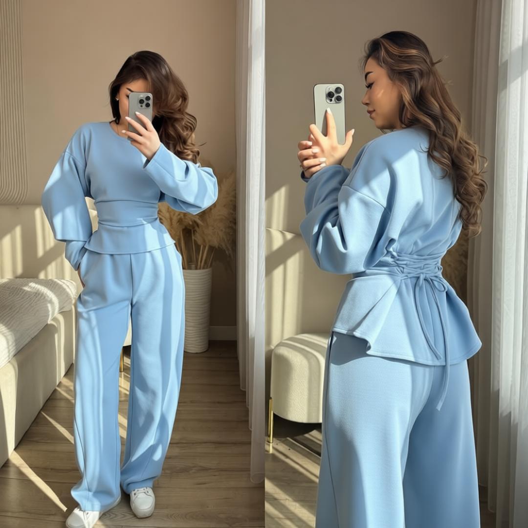 Round Neck Long Sleeve Slim Fit Top with Wide Leg Pants Set