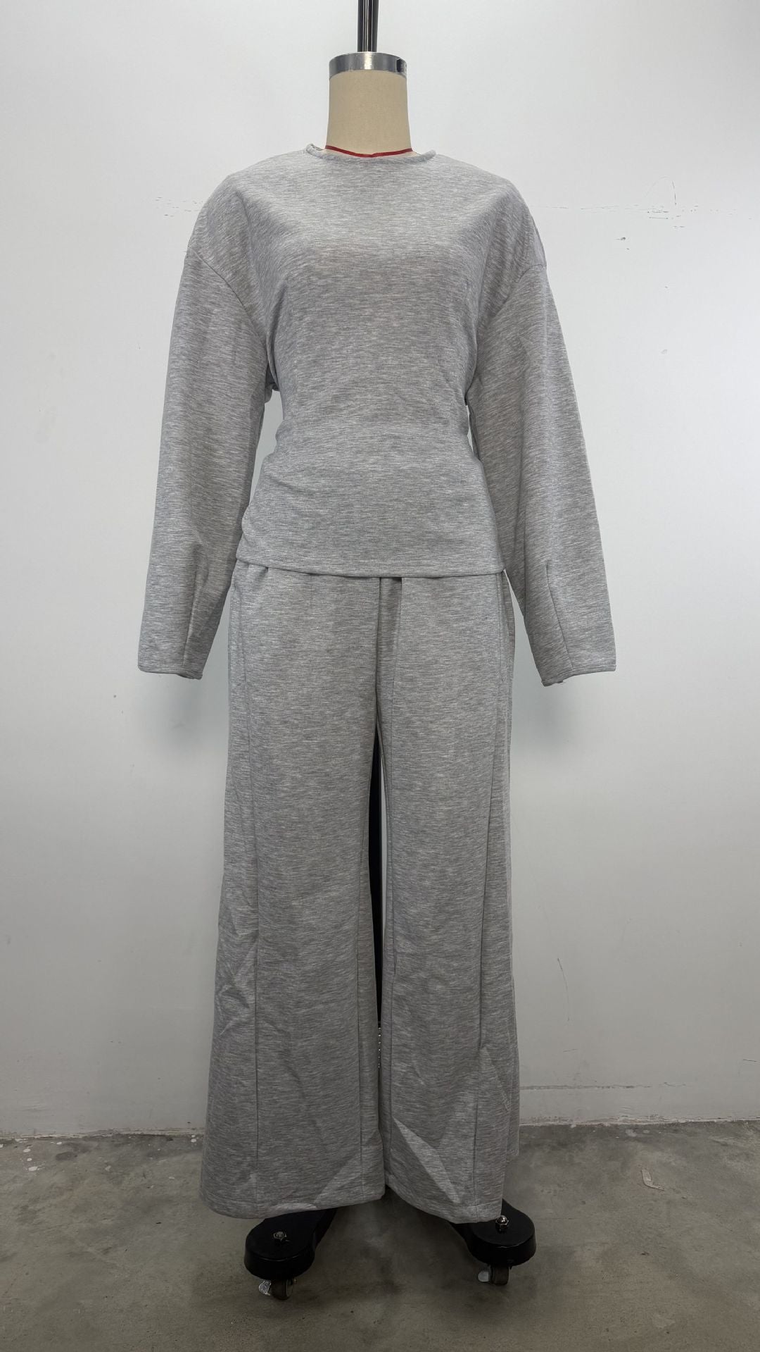Round Neck Long Sleeve Slim Fit Top with Wide Leg Pants Set