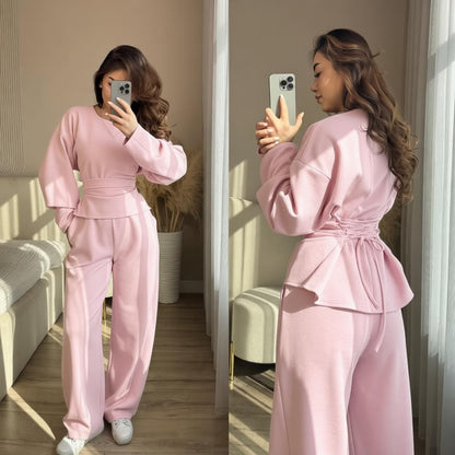 Round Neck Long Sleeve Slim Fit Top with Wide Leg Pants Set
