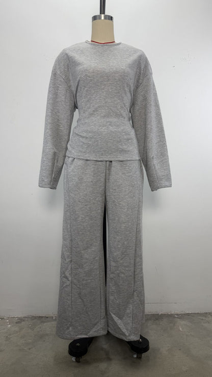 Round Neck Long Sleeve Slim Fit Top with Wide Leg Pants Set