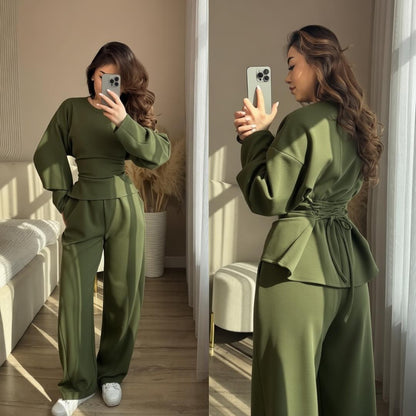 Round Neck Long Sleeve Slim Fit Top with Wide Leg Pants Set