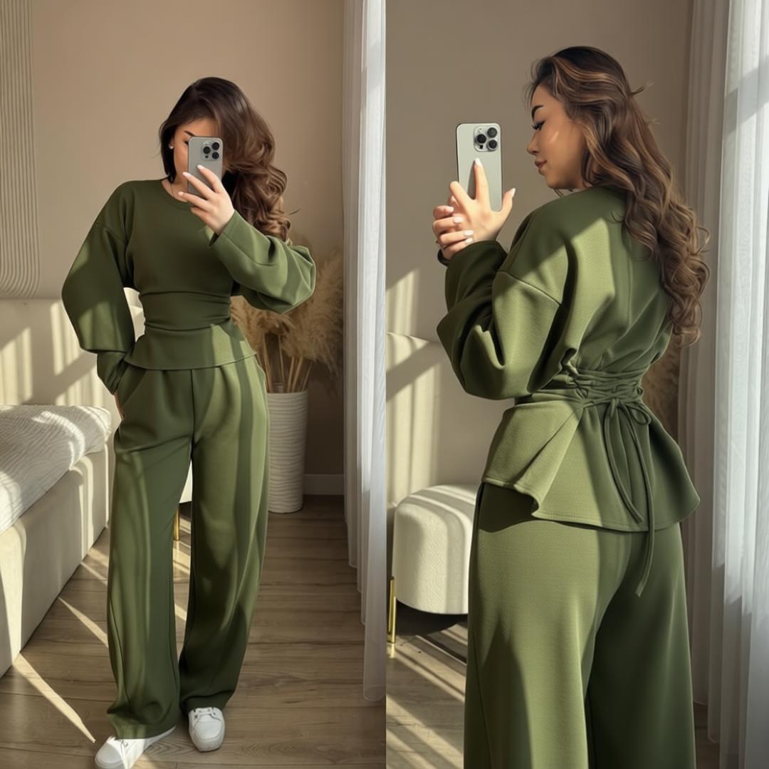 Round Neck Long Sleeve Slim Fit Top with Wide Leg Pants Set