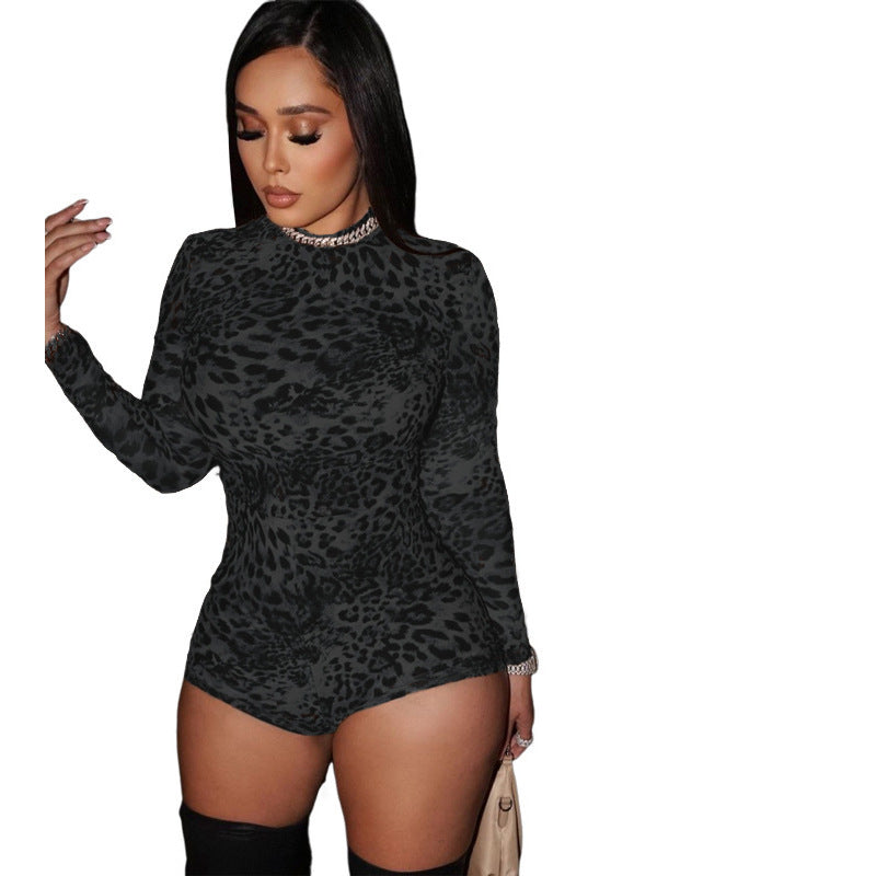 Round-neck long-sleeved leopard print tight jumpsuit
