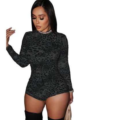 Round-neck long-sleeved leopard print tight jumpsuit