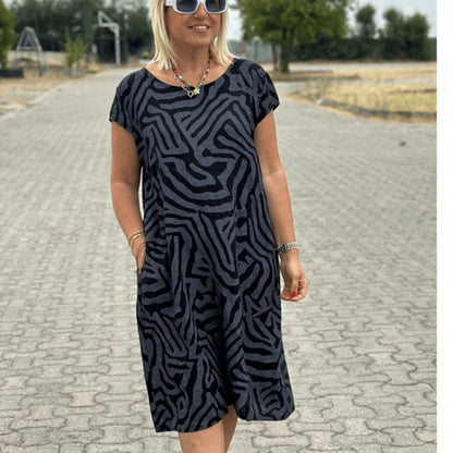 Round Neck Plus Size Vacation Style Bohemian Geometric Floral Dress