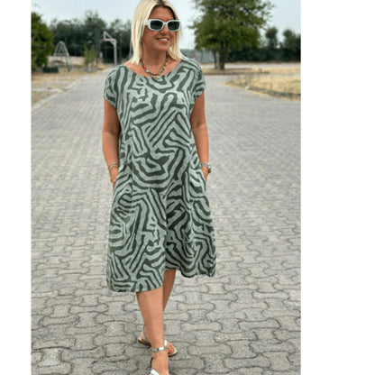 Round Neck Plus Size Vacation Style Bohemian Geometric Floral Dress