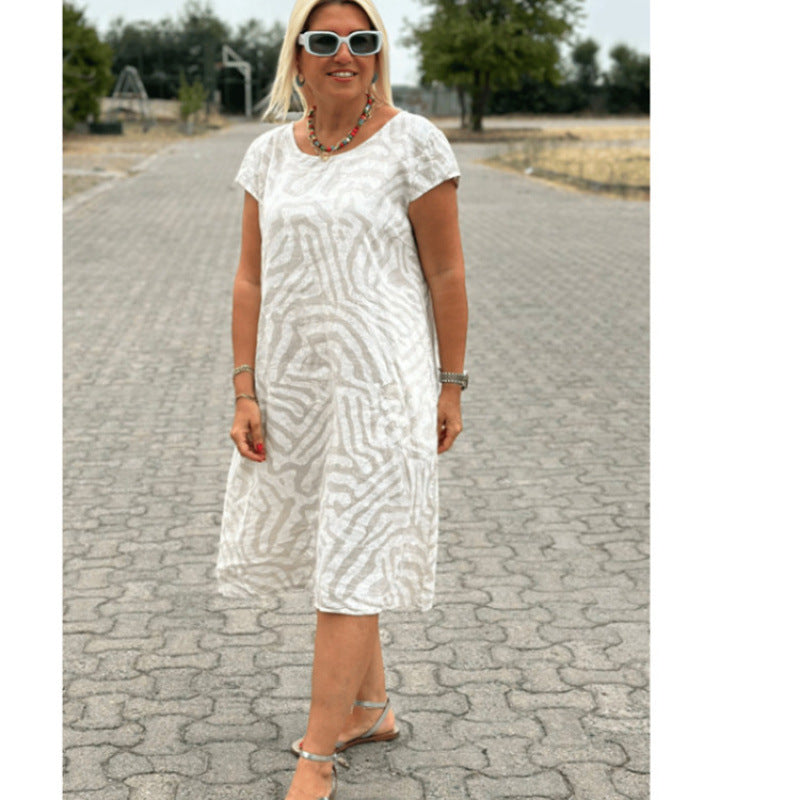 Round Neck Plus Size Vacation Style Bohemian Geometric Floral Dress