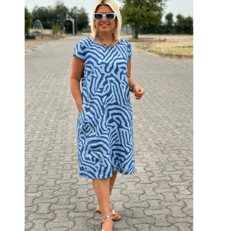 Round Neck Plus Size Vacation Style Bohemian Geometric Floral Dress
