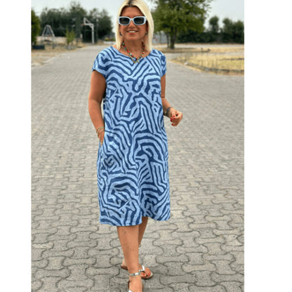 Round Neck Plus Size Vacation Style Bohemian Geometric Floral Dress