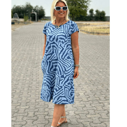 Round Neck Plus Size Vacation Style Bohemian Geometric Floral Dress