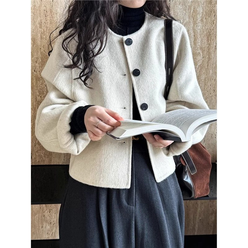 Round Neck Right Shoulder Short Double-Sided Woolen Outwear