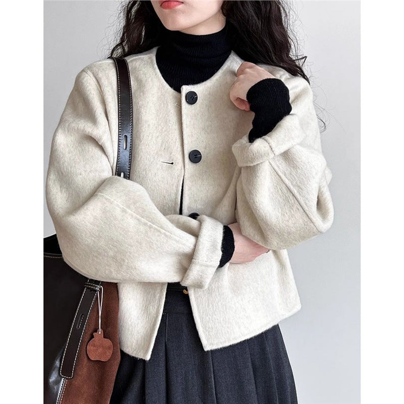 Round Neck Right Shoulder Short Double-Sided Woolen Outwear