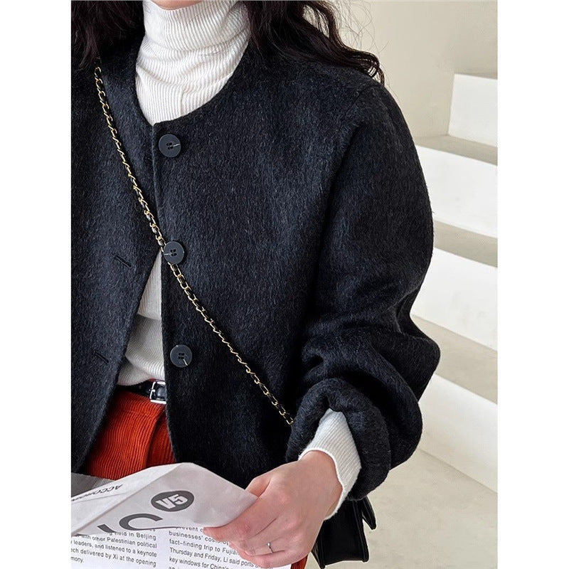 Round Neck Right Shoulder Short Double-Sided Woolen Outwear