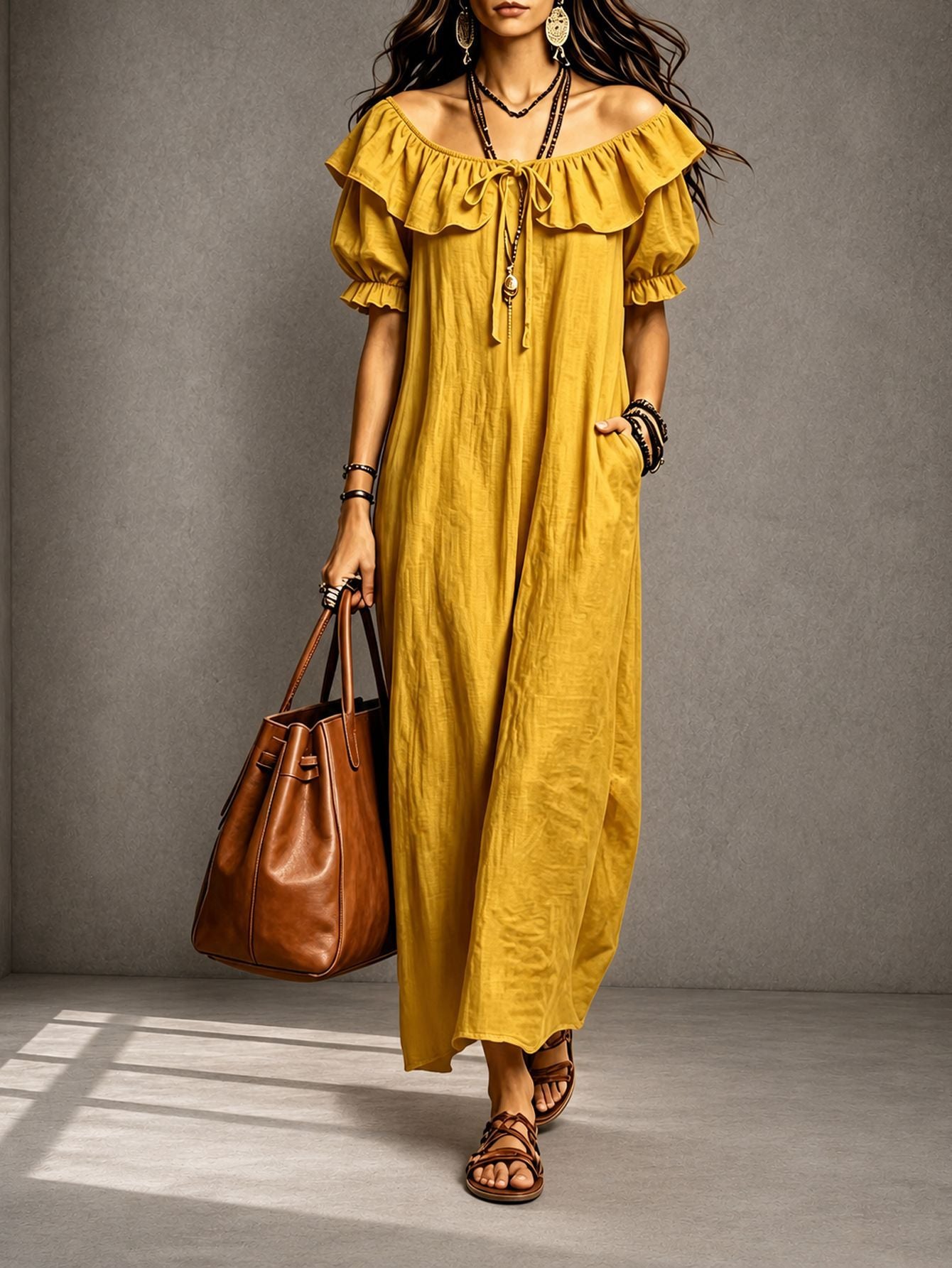 Round Neck Ruffle Casual Elegant Beach Dress