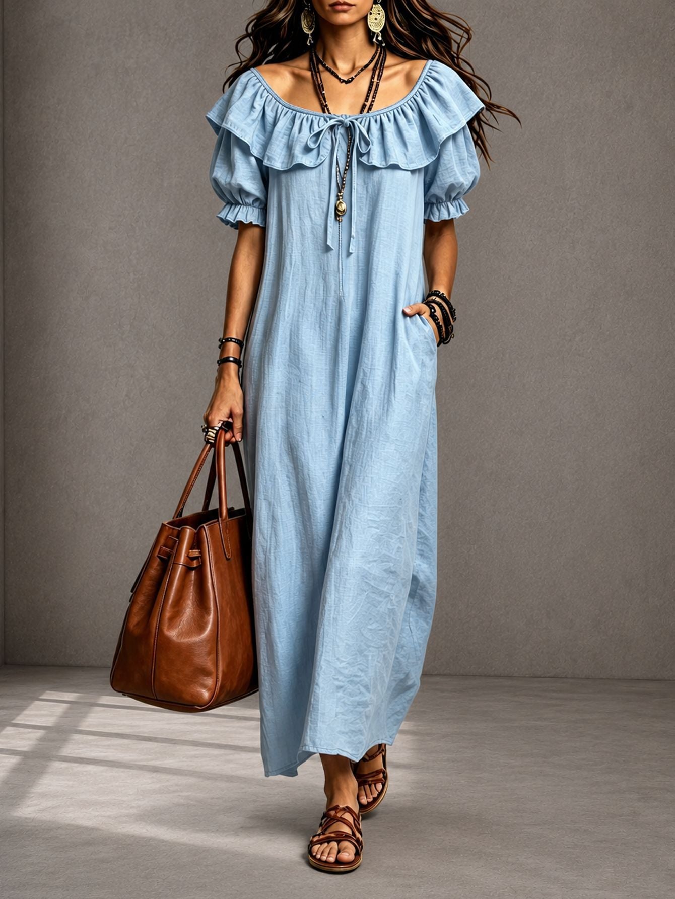 Round Neck Ruffle Casual Elegant Beach Dress
