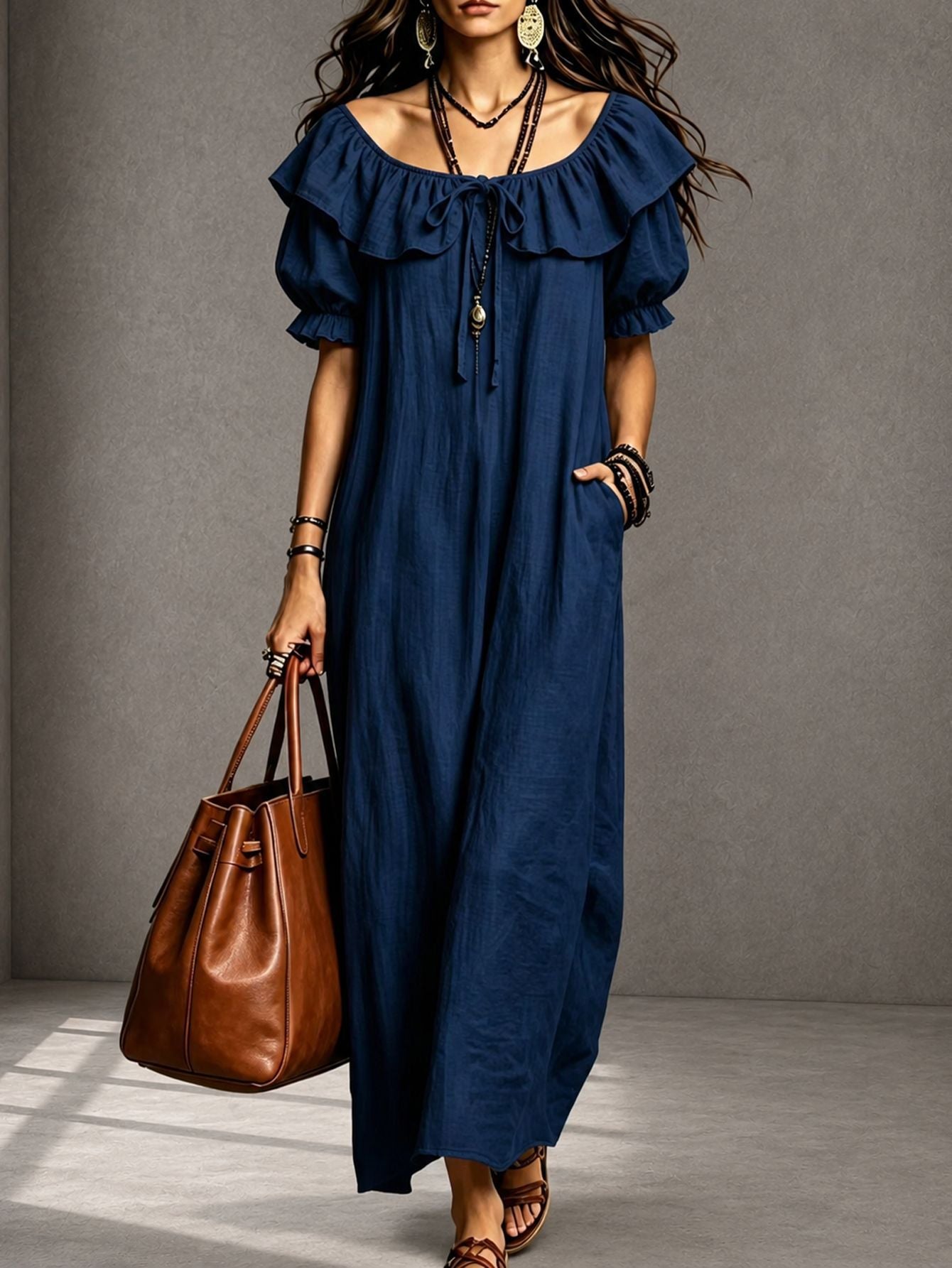 Round Neck Ruffle Casual Elegant Beach Dress