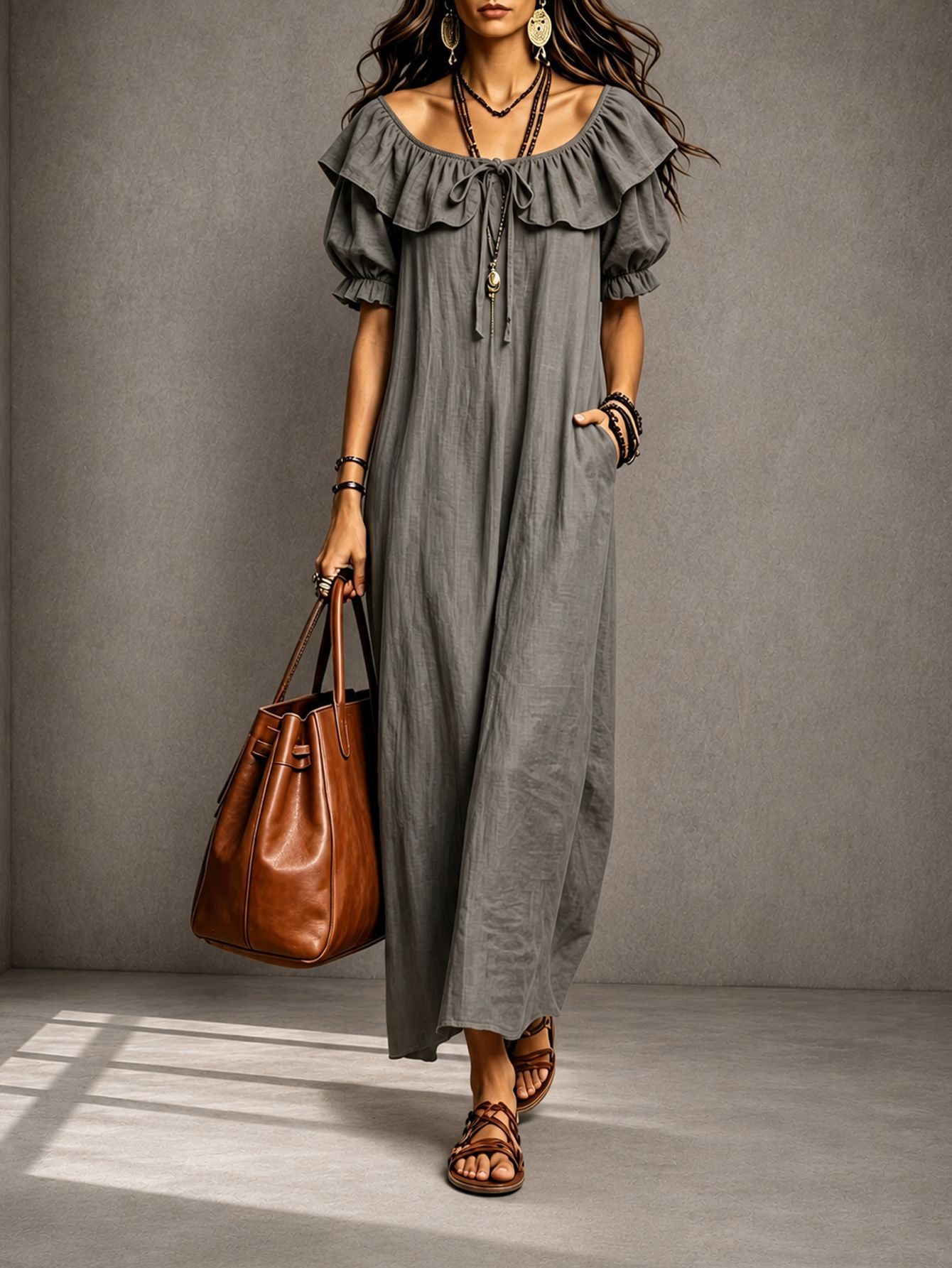 Round Neck Ruffle Casual Elegant Beach Dress